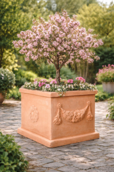Klassischer Terracotta Kasten mit Girlande - Cassetta festonata quadrata